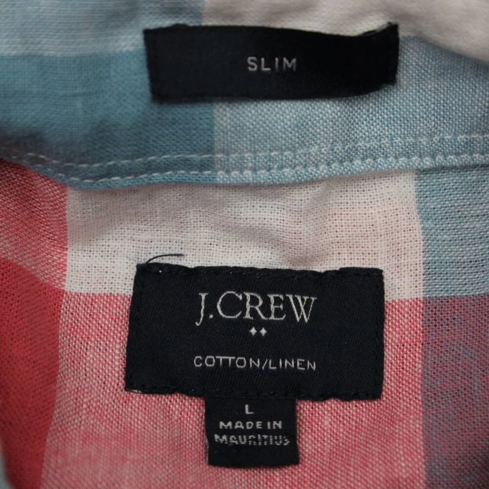 J. Crew Cotton/Linen Shirt Mens Large Pink/Blue/White Slim Fit S/S Button Preppy